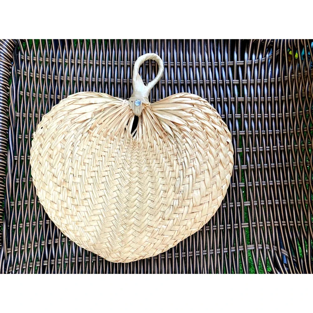Vintage Boho Woven Raffia Fan w/ Rhinestone - Heart Shaped - Leaf Wall Decor